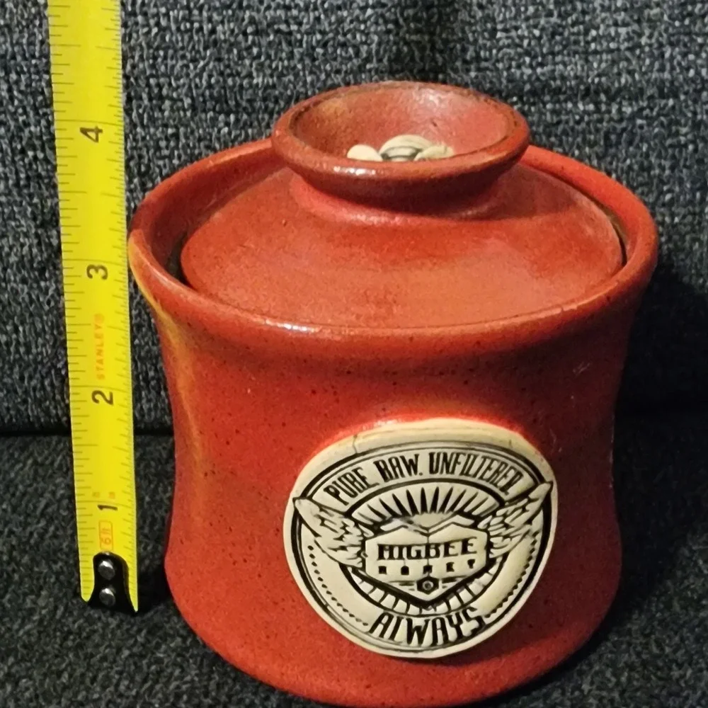 Higbee‎ Honey Red Glazed Butter Crock. Bees. Pottery. Signed